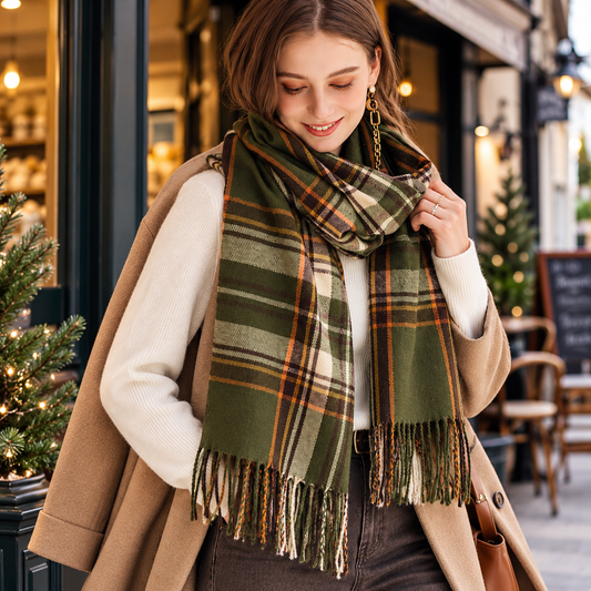 Women’s Tartan Plaid Scarf, Soft Warm Oversized Check Scarf with Tassel Fringe, Cosy Autumn Winter Fashion Wrap for Casual, Work & Travel, Christmas Birthday Gift for Her