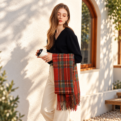Women’s Tartan Plaid Scarf, Soft Warm Oversized Check Scarf with Tassel Fringe, Cosy Autumn Winter Fashion Wrap for Casual, Work & Travel, Christmas Birthday Gift for Her